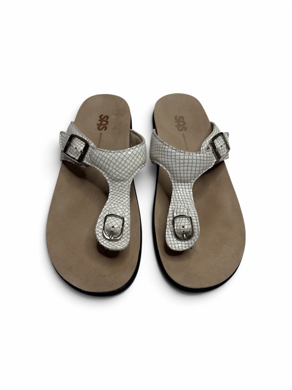 SAS Sanibel T-Strap Slide Sandal in White Snake Size 9